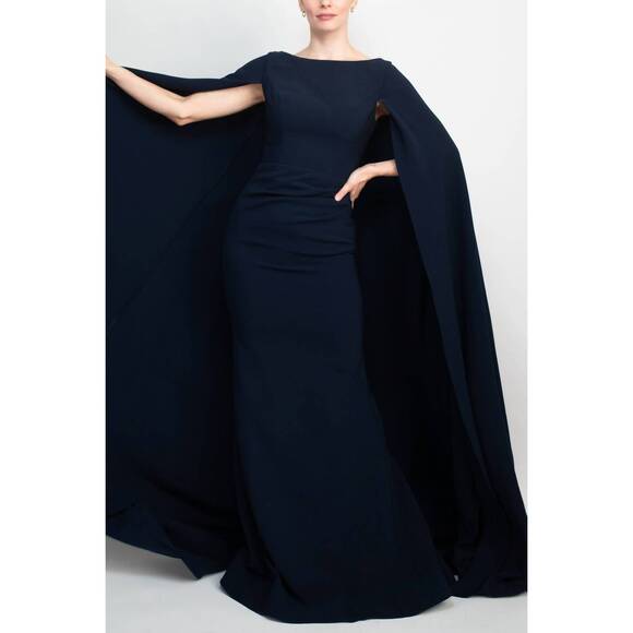 NEW JOVANI women's boat neck cape evening with zipper closure crepe gown in navy - Picture 3 of 4